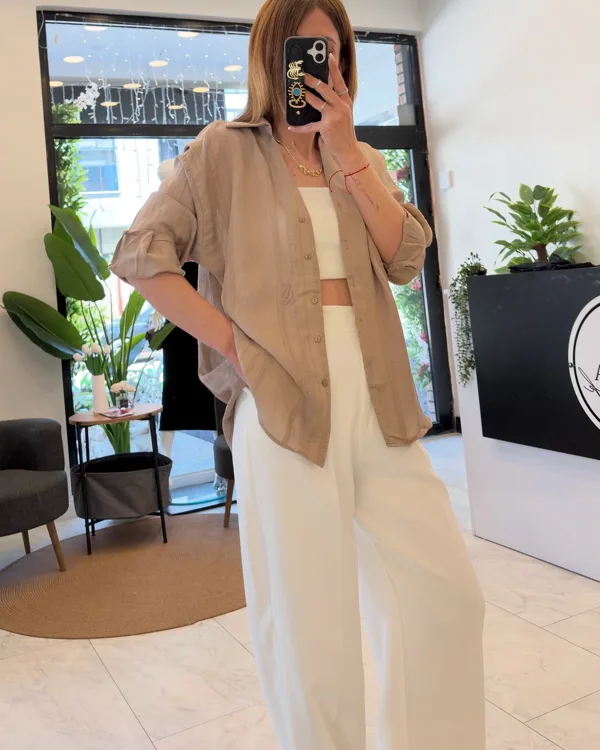 Çizgili Doku Detaylı Oversize Transparan  Gömlek