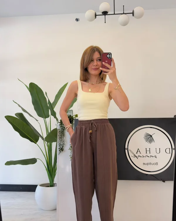 Beli Lastikli Tencel Pantolon Kahve