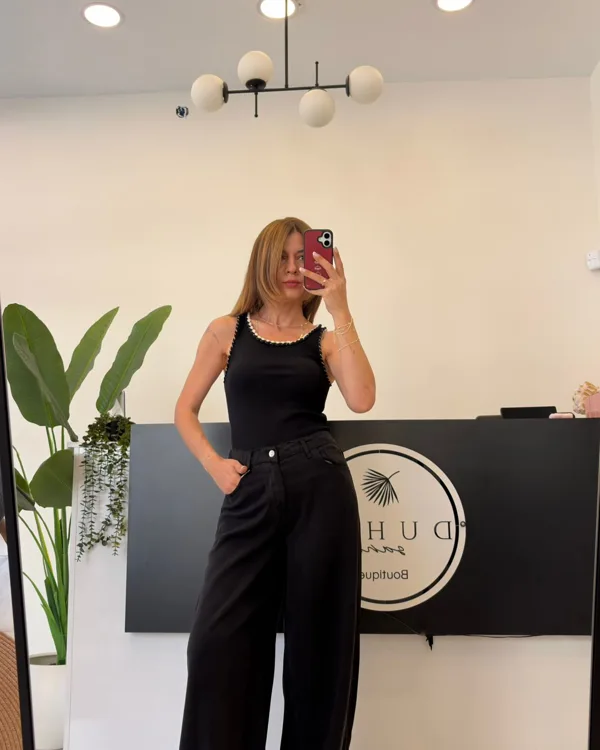 Tencel Jean Beli Lastikli Siyah Tam Kalıp