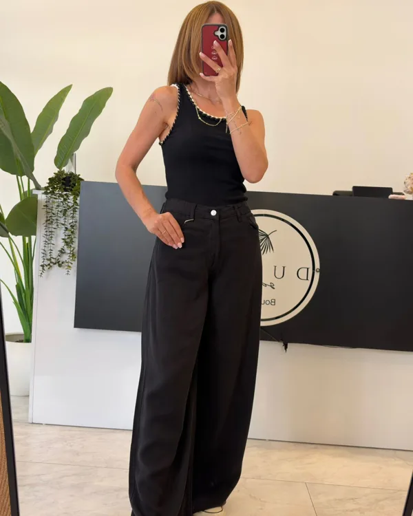 Tencel Jean Beli Lastikli Siyah Tam Kalıp