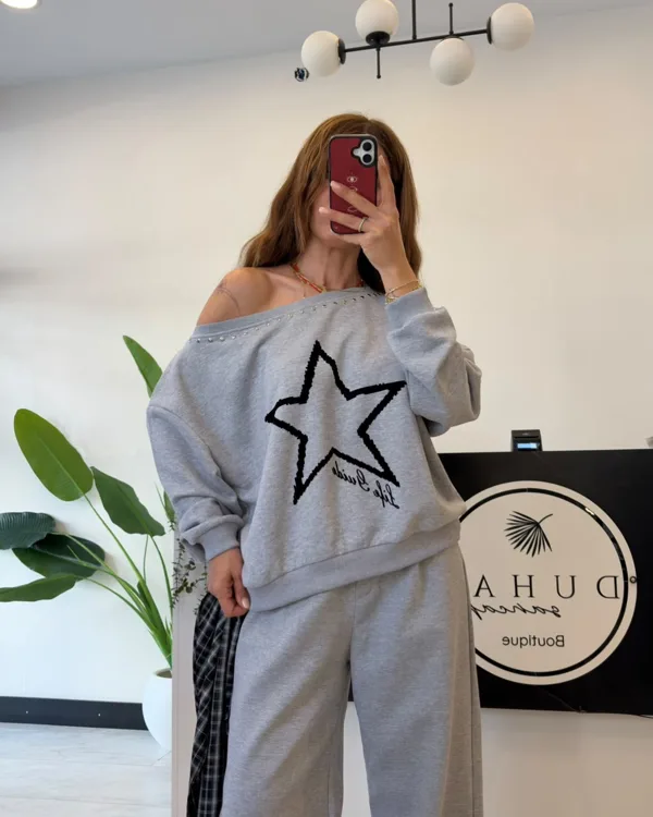 Fular Detay Pantolon Nakış Detay Sweatshirt Takım