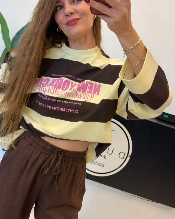 Viral Sweatshirt Çizgili Sarı/Kahverengi