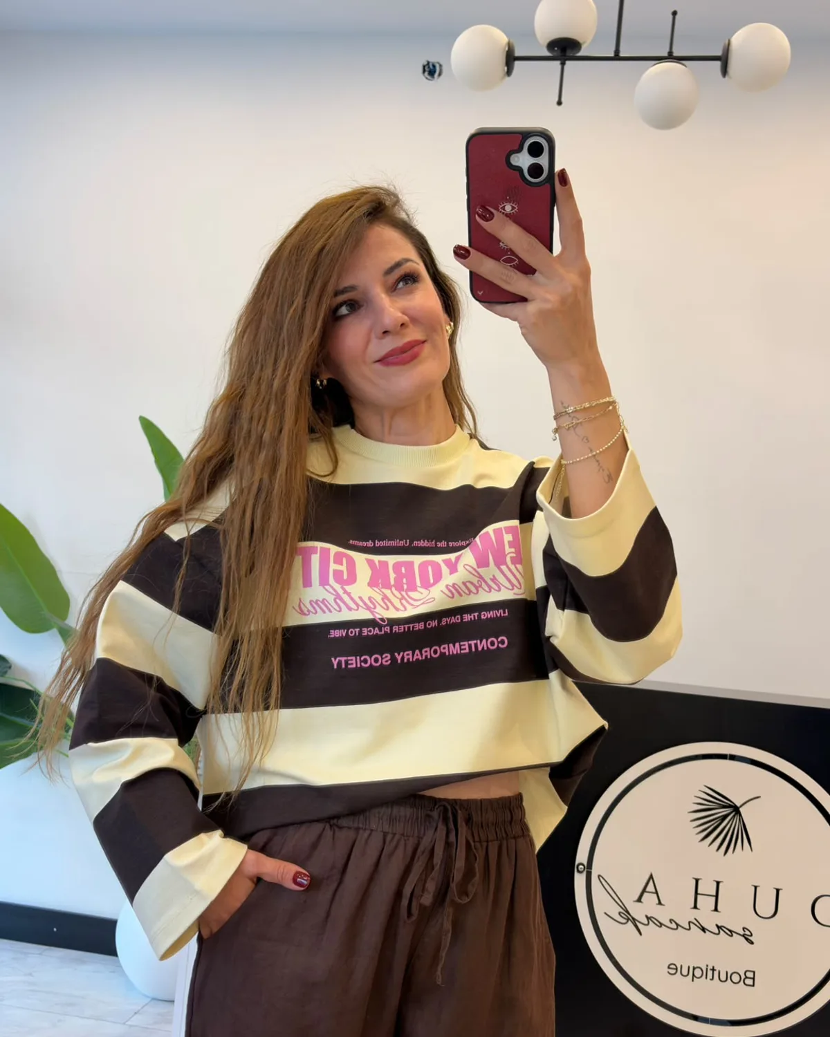 Viral Sweatshirt Çizgili Sarı/Kahverengi