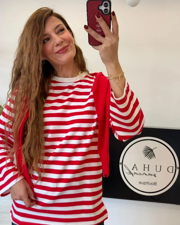 Kırmızı Çizgili Sweatshirt
