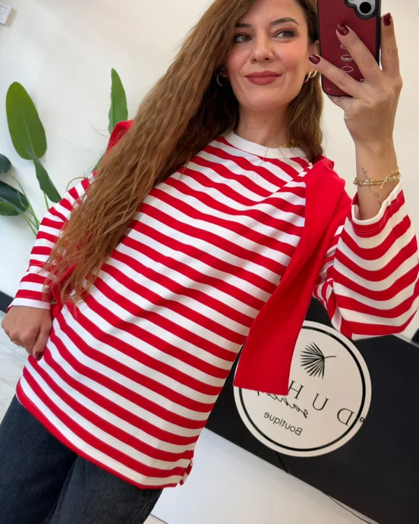 Kırmızı Çizgili Sweatshirt