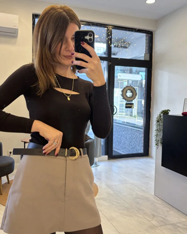 Kemerli şort etek Vizon
