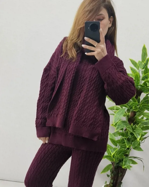 Saç Örgü Atkılı Triko Takım Bordo
